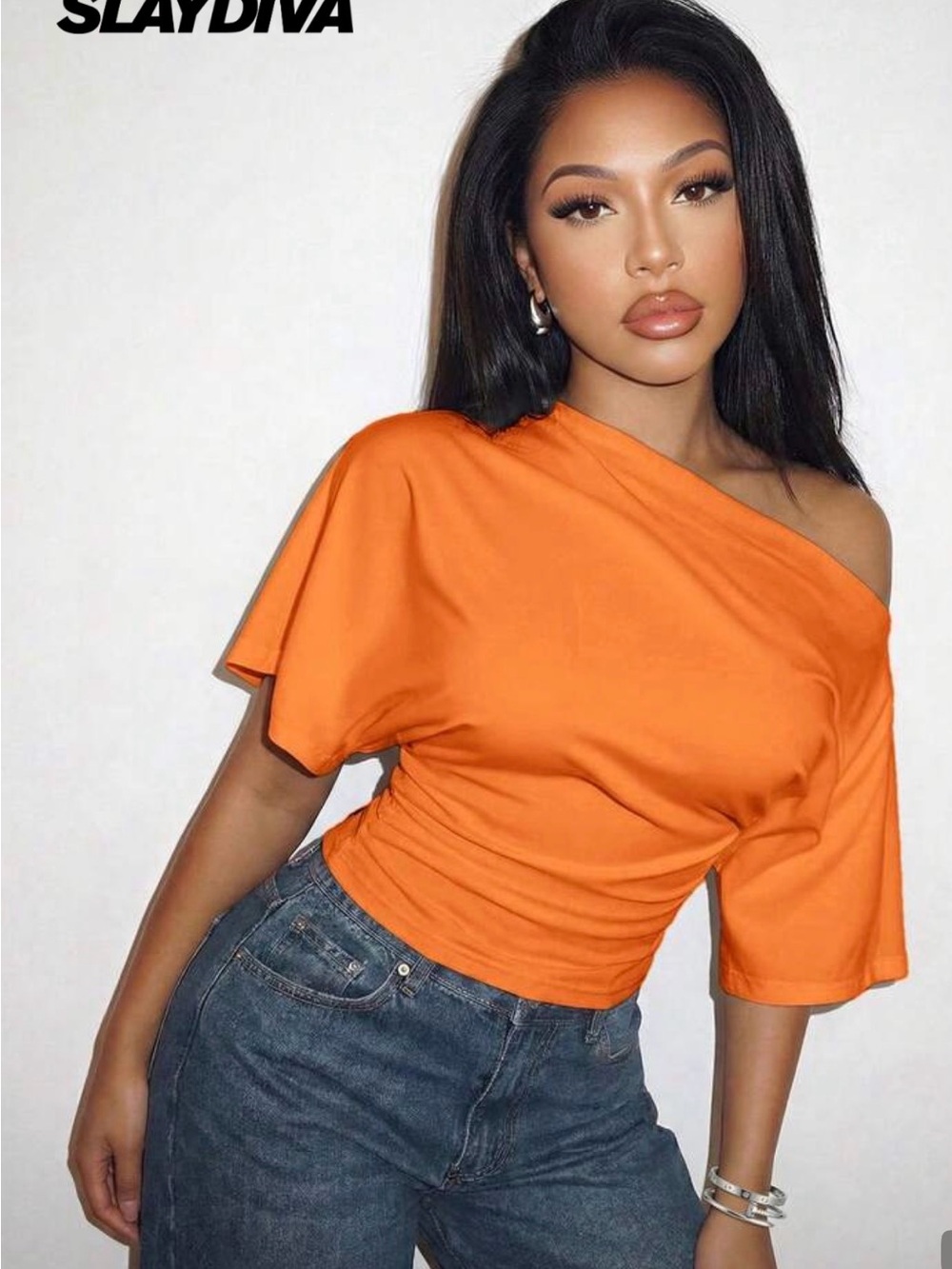 SHEIN Orange One-Shoulder Draped Sleeve Top